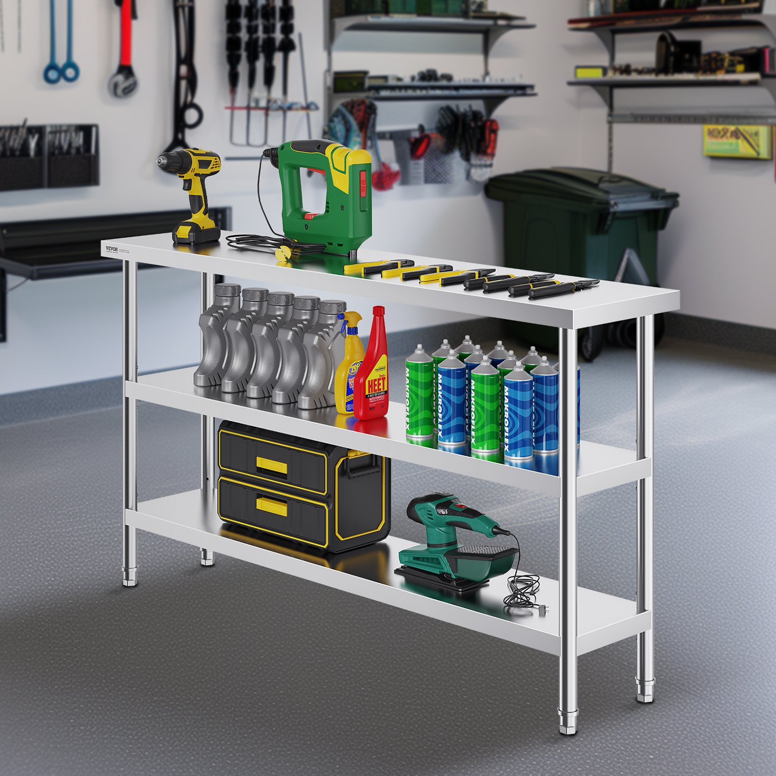 VEVOR Mesa de Preparación de Alimentos 356x1524x864 mm Mesa de Trabajo de Cocina Comercial de Acero Inoxidable con 2 Estantes Inferiores Ajustables Mesa de Preparación para Parrilla, Cocina, Hogar