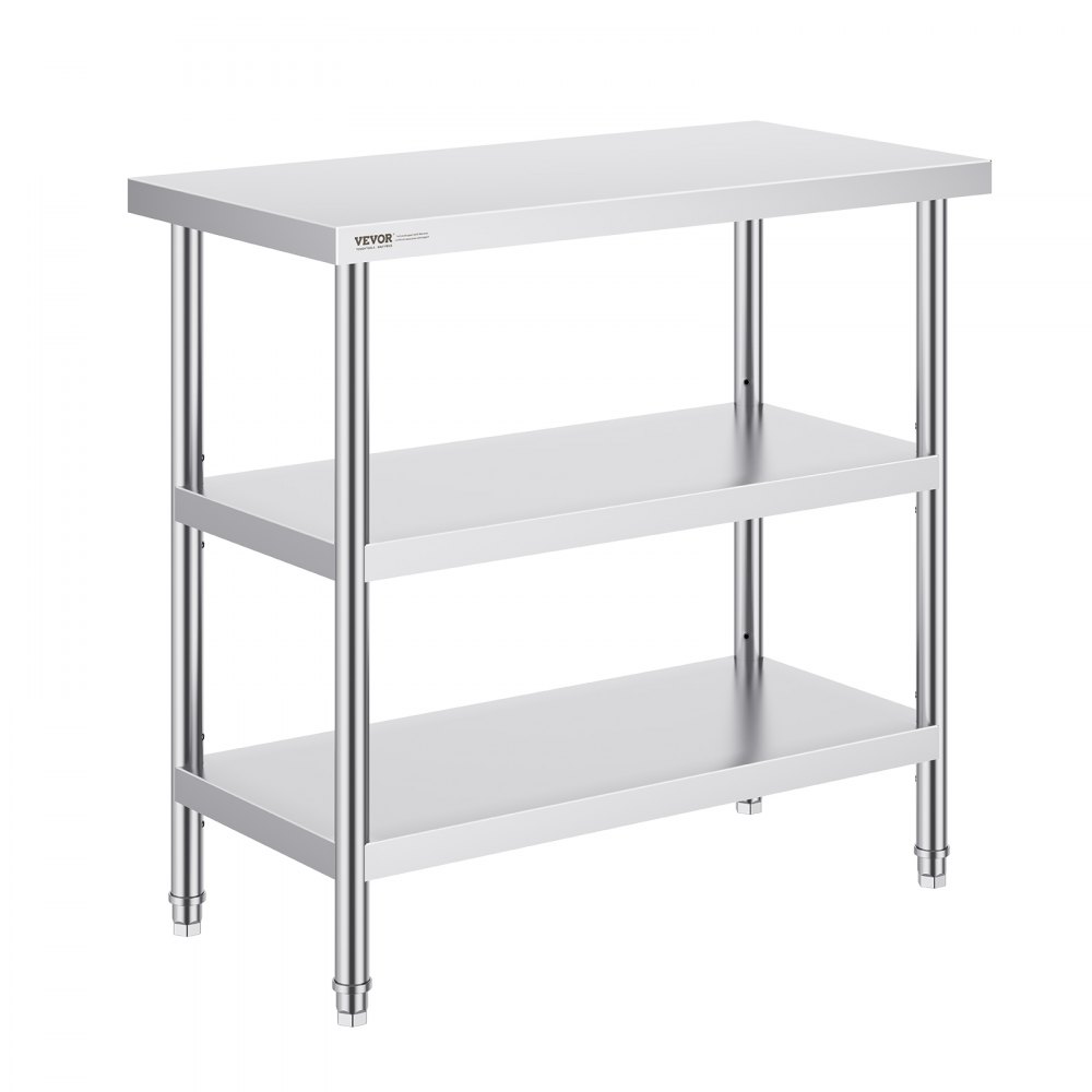 VEVOR Mesa de Preparación de Alimentos 457x914x864 mm Mesa de Trabajo de Cocina Comercial de Acero Inoxidable con 2 Estantes Inferiores Ajustables Mesa de Preparación para Parrilla, Cocina, Hogar
