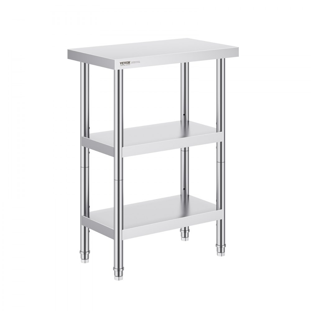 VEVOR Mesa de Preparación de Alimentos 356x610x864 mm Mesa de Trabajo de Cocina Comercial de Acero Inoxidable con 2 Estantes Inferiores Ajustables Mesa de Preparación para Parrilla, Cocina, Hogar