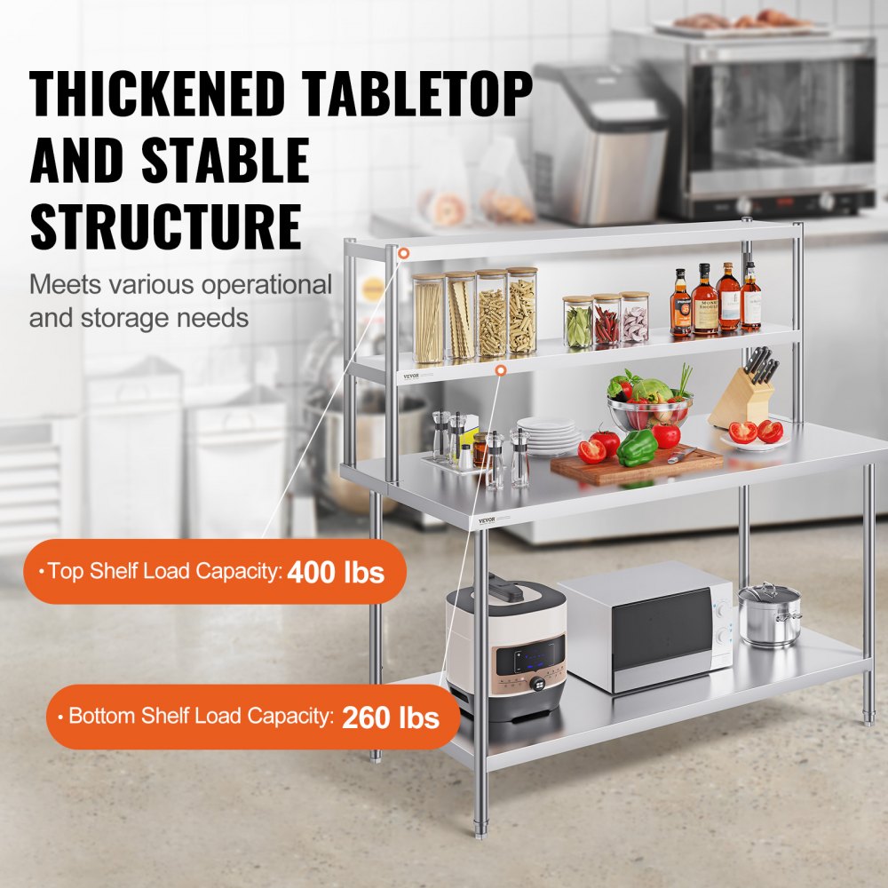 VEVOR Estante Superior de Doble Nivel de Acero Inoxidable 305x1524x600 mm Estante Superior de Doble Nivel Mesa de Preparación de Estante Ajustable en Altura para Cocina, Restaurante, Taller