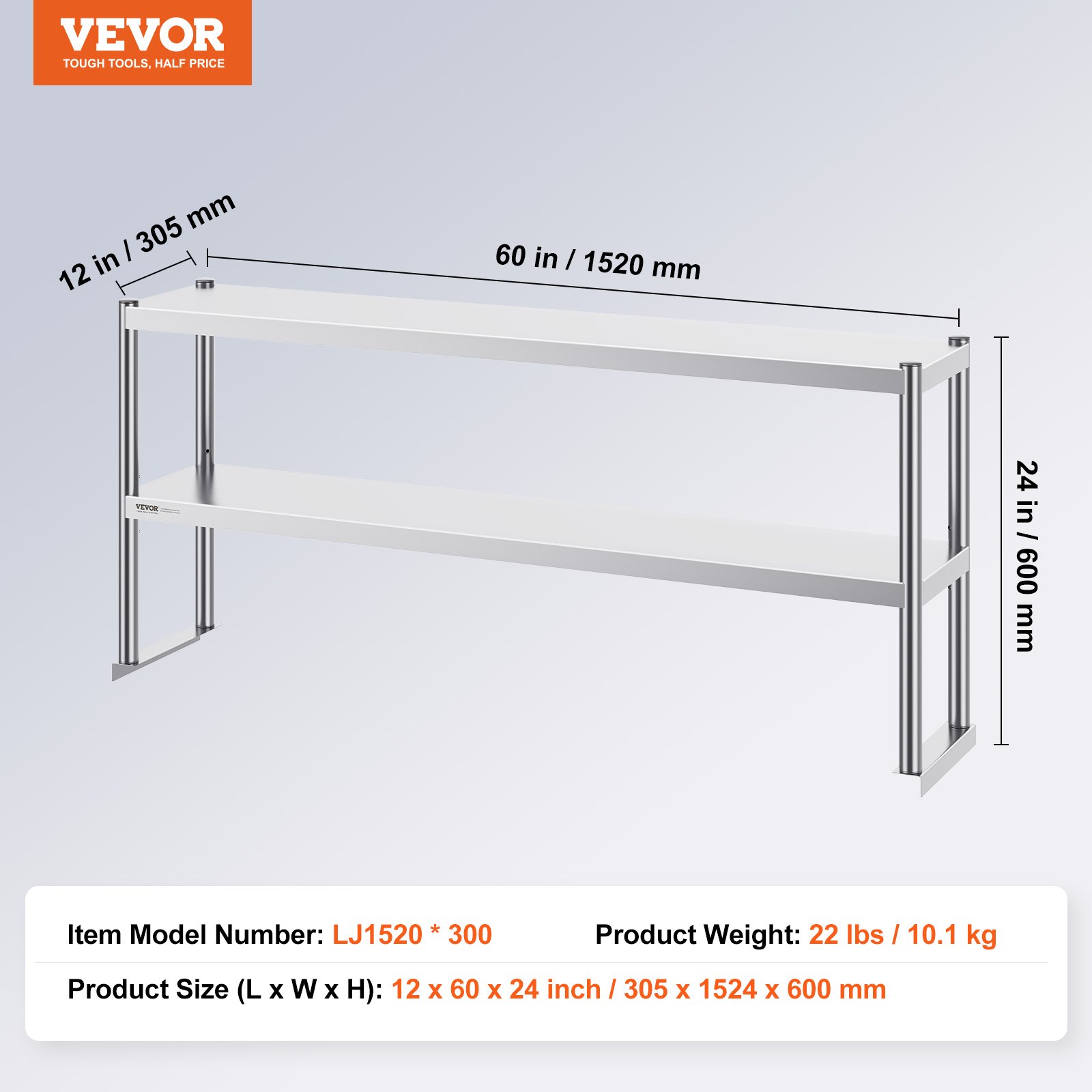 VEVOR Estante Superior de Doble Nivel de Acero Inoxidable 305x1524x600 mm Estante Superior de Doble Nivel Mesa de Preparación de Estante Ajustable en Altura para Cocina, Restaurante, Taller