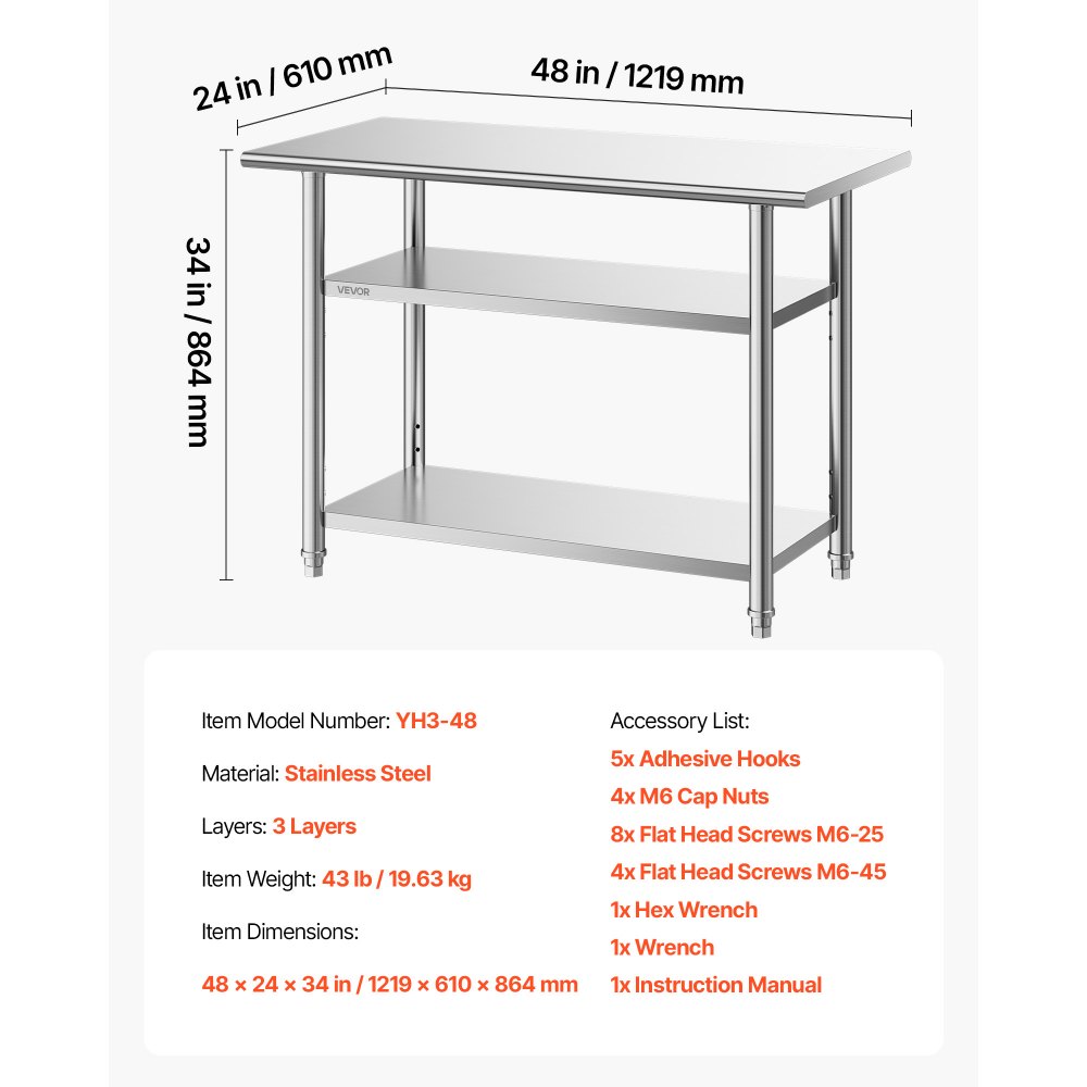 VEVOR Mesa de Preparación de 3 Niveles 121,9 x 61 x 86,4 cm, Mesa de Trabajo de Acero Inoxidable, con Estante Ajustable, Bordes Redondeados, para Restaurantes, Hoteles, Cocinas, Garajes, Exteriores