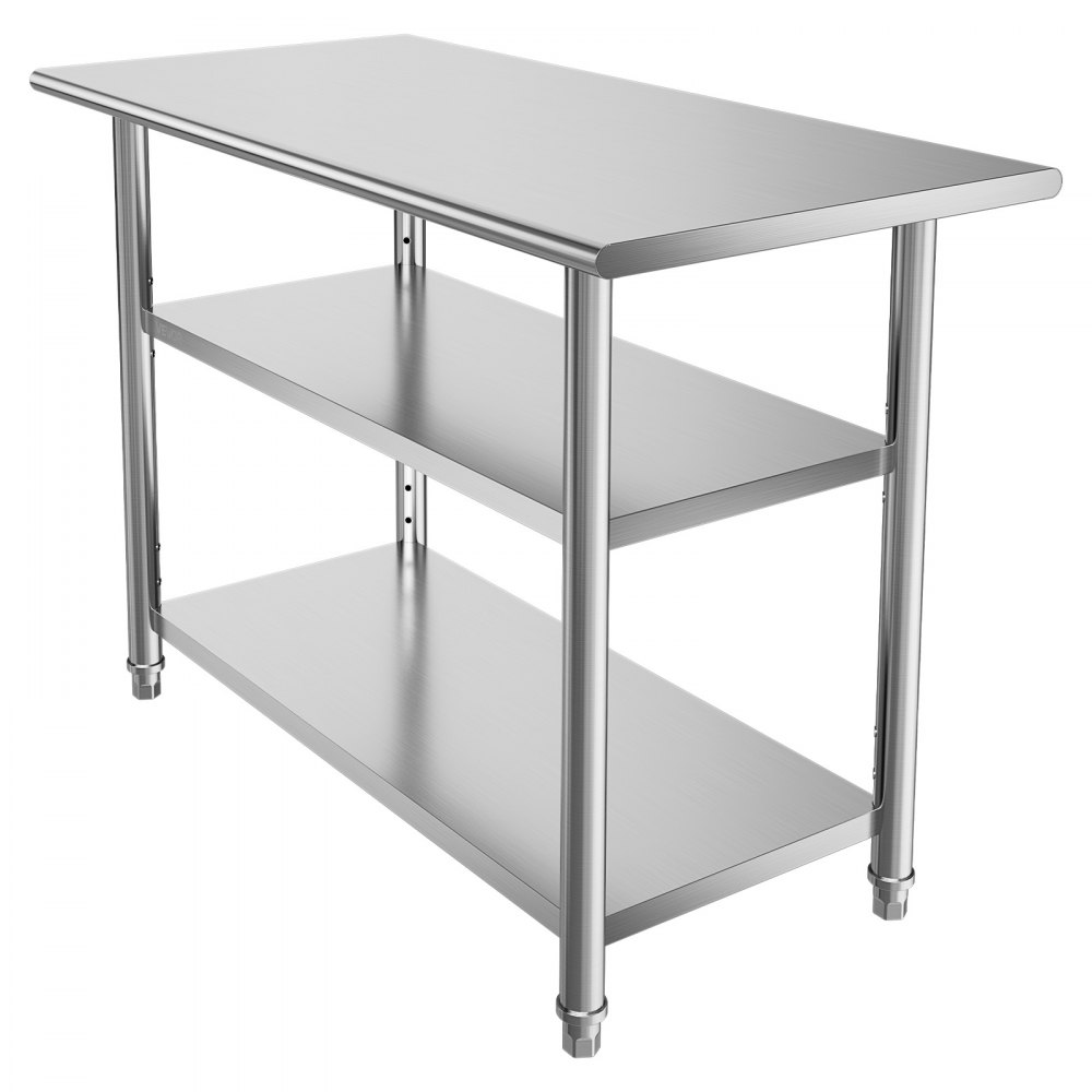 VEVOR Mesa de Preparación de 3 Niveles 121,9 x 61 x 86,4 cm, Mesa de Trabajo de Acero Inoxidable, con Estante Ajustable, Bordes Redondeados, para Restaurantes, Hoteles, Cocinas, Garajes, Exteriores