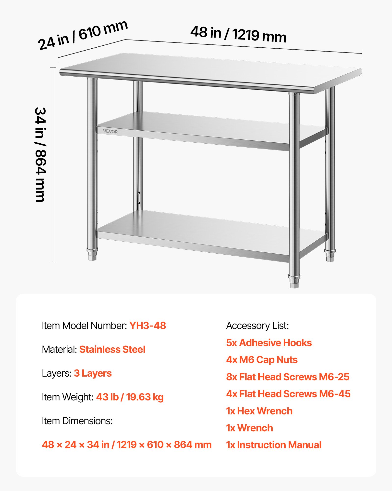 VEVOR Mesa de Preparación de 3 Niveles 121,9 x 61 x 86,4 cm, Mesa de Trabajo de Acero Inoxidable, con Estante Ajustable, Bordes Redondeados, para Restaurantes, Hoteles, Cocinas, Garajes, Exteriores