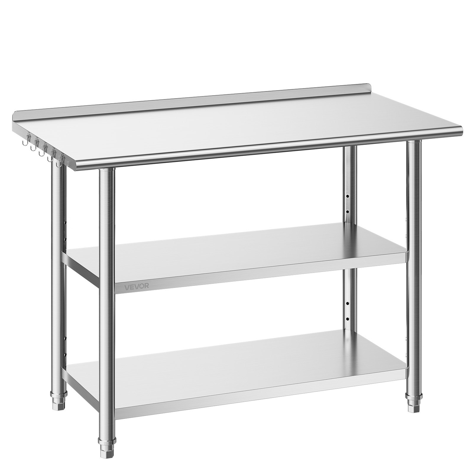 VEVOR Mesa de Trabajo de Acero Inoxidable 3 Niveles, Mesa de Preparación de Alimentos 121,9x61x86,4 cm, Estante Inferior Ajustable, Protector contra Salpicaduras, para Restaurantes, Bares, Hoteles