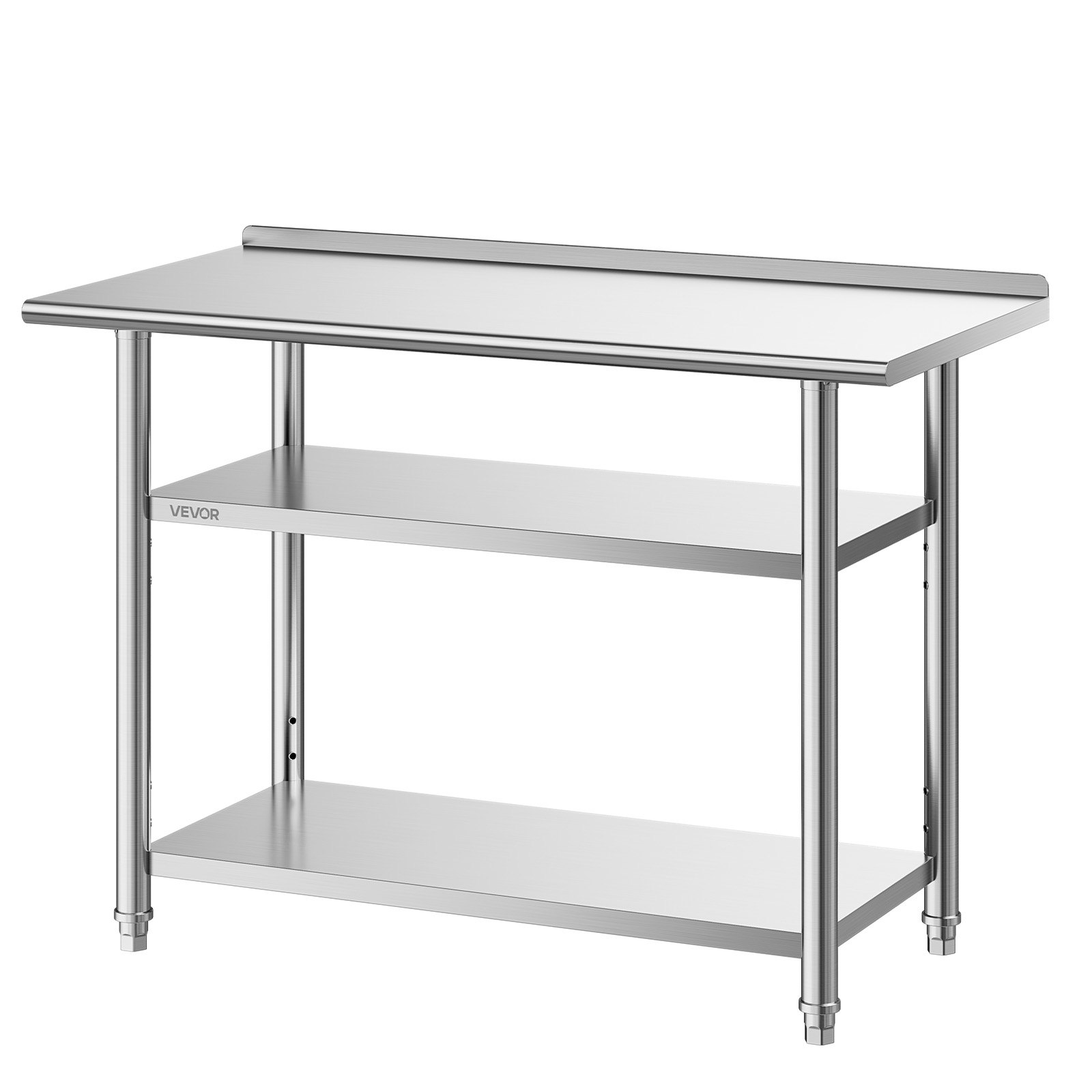 VEVOR Mesa de Trabajo de Acero Inoxidable 3 Niveles, Mesa de Preparación de Alimentos 121,9x61x86,4 cm, Estante Inferior Ajustable, Protector contra Salpicaduras, para Restaurantes, Bares, Hoteles