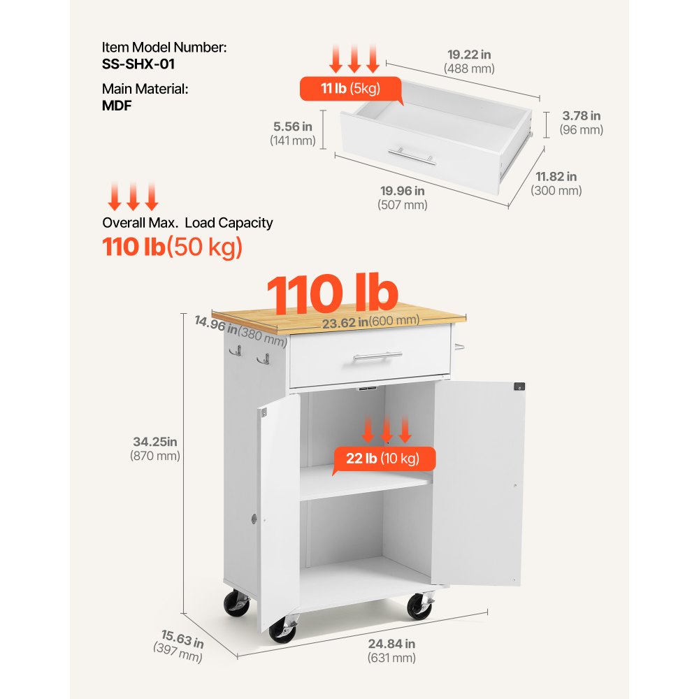 VEVOR Isla de Cocina Móvil con 1 Cajón Encimera de 60 x 38 x 1,5 cm Blanco, Carrito de Cocina con Toallero, Ruedas con Freno, 2 Puertas y Ganchos, Estante Ajustable, De Tablero de MDF, Para Comedor