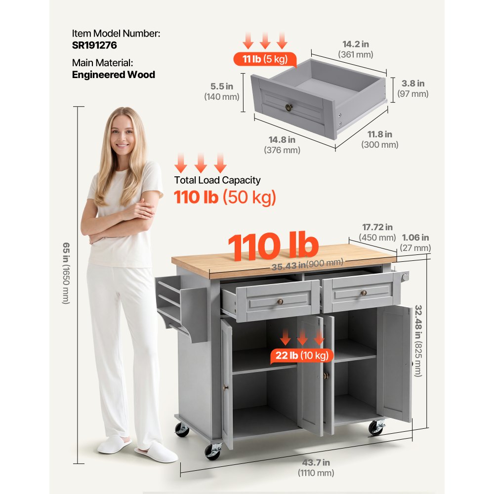 VEVOR Isla de Cocina Móvil con 2 Cajones Encimera de 90 x 45 x 2,7 cm Gris, Carrito de Cocina con Especiero, Toallero, Ruedas con Freno y 4 Puertas, Estante Ajustable, De Tablero de MDF, Para Comedor