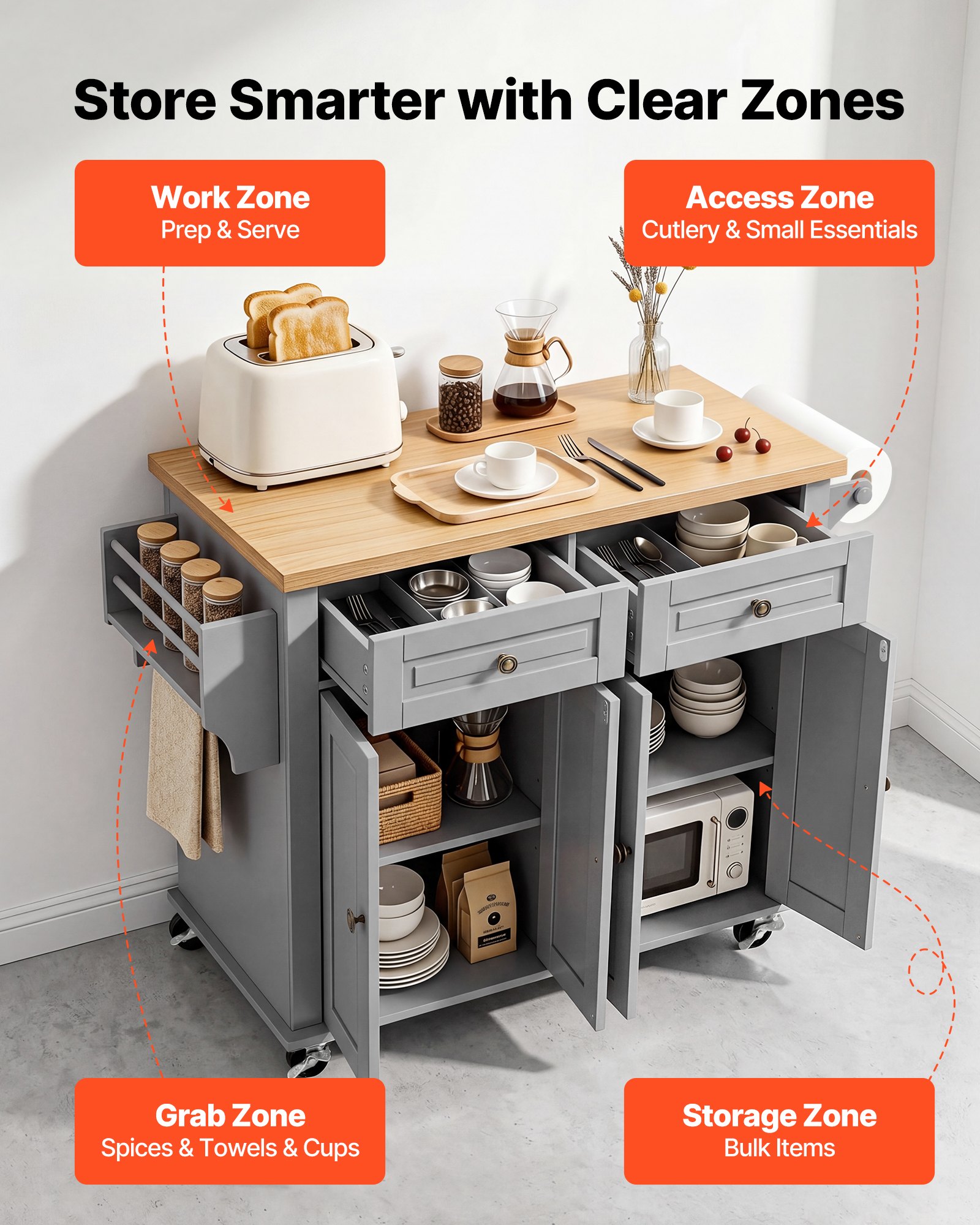 VEVOR Isla de Cocina Móvil con 2 Cajones Encimera de 90 x 45 x 2,7 cm Gris, Carrito de Cocina con Especiero, Toallero, Ruedas con Freno y 4 Puertas, Estante Ajustable, De Tablero de MDF, Para Comedor
