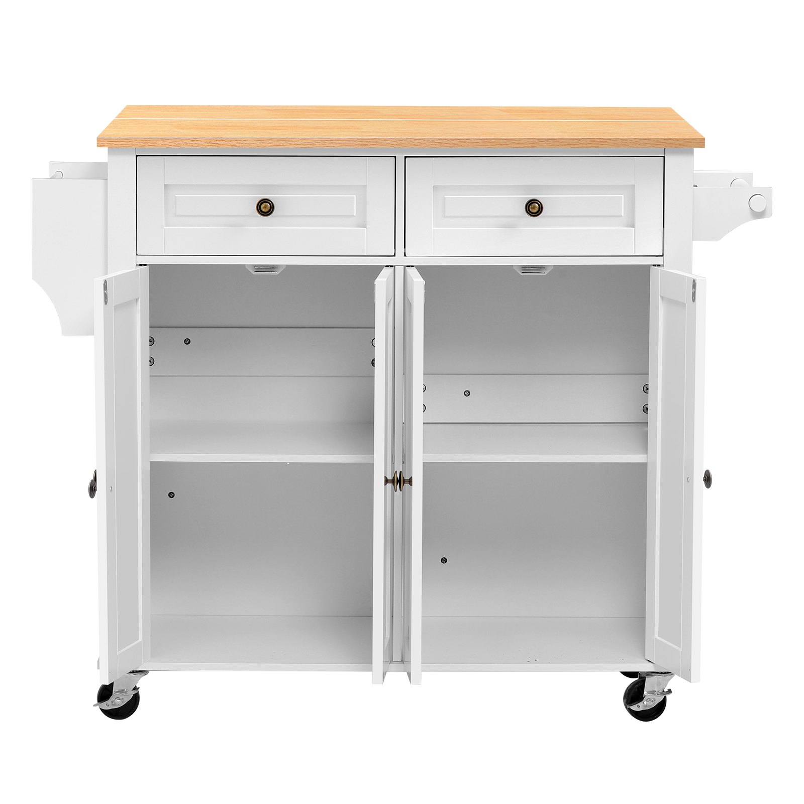 VEVOR Isla de Cocina Móvil con 2 Cajones Encimera de 90 x 39,5 cm Blanco, Encimera Plegable, con Especiero, Toallero, Ruedas y 4 Puertas, Estante Ajustable, De Madera de Ingeniería, Para Comedor
