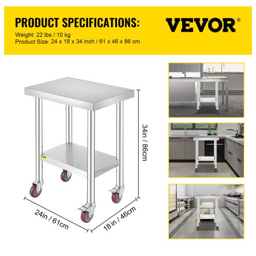 VEVOR Mesa de Preparación de Comida de Acero Inoxidable 61 x 45,7 x 86,4 cm Tabla de Cocina Profesional Capacidad de Carga 100 kg Tabla de Trabajo de Cocina Catering Ajustable para Restaurante Escuela