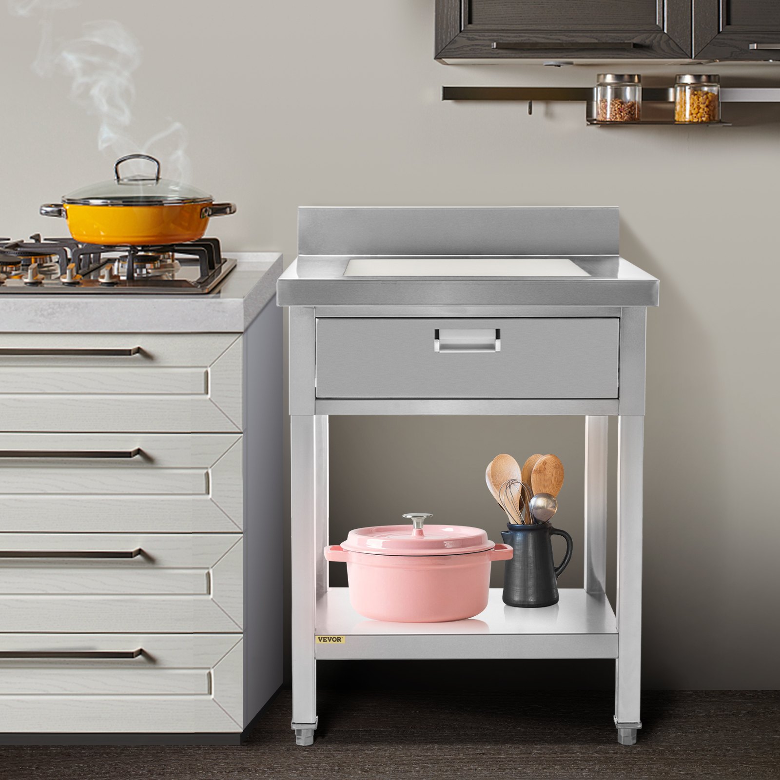 VEVOR Mesa de Trabajo de Acero Inoxidable 76 x 61 x 95 cm Mesa de Preparación Capacidad de 440 lbs Mesa de Cocina Comercial Trabajo con 1 Cajón Tablero de Operación PE para Comerdor, Cocina Comercial
