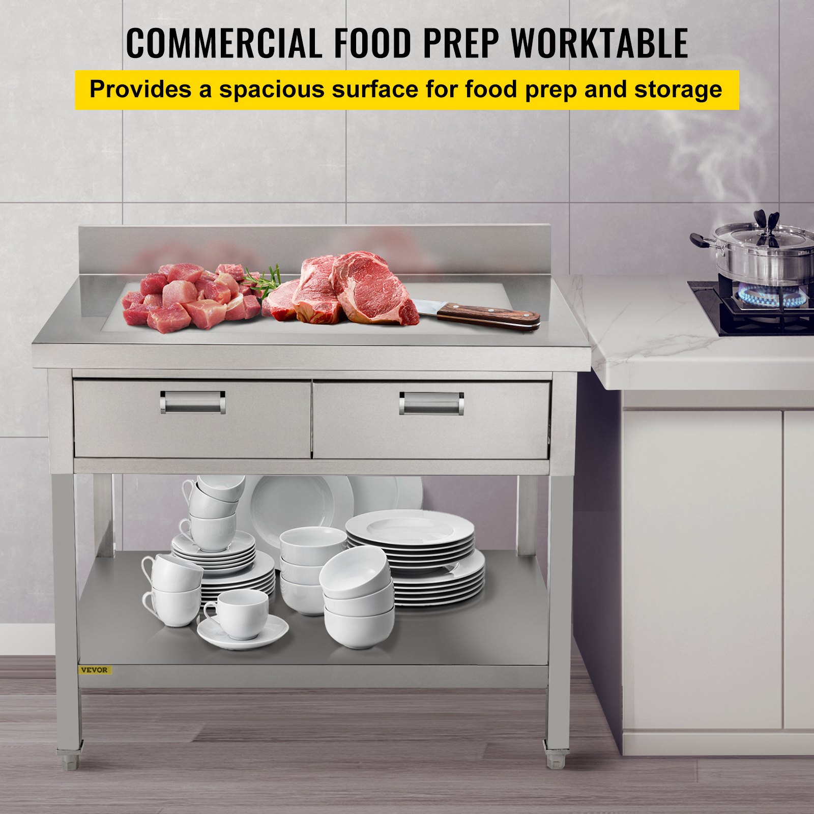 Vevor Mesa De Trabajo Cocina Acero Inoxidable 610 X 1220 X 850 Mm Con 2 Cajones