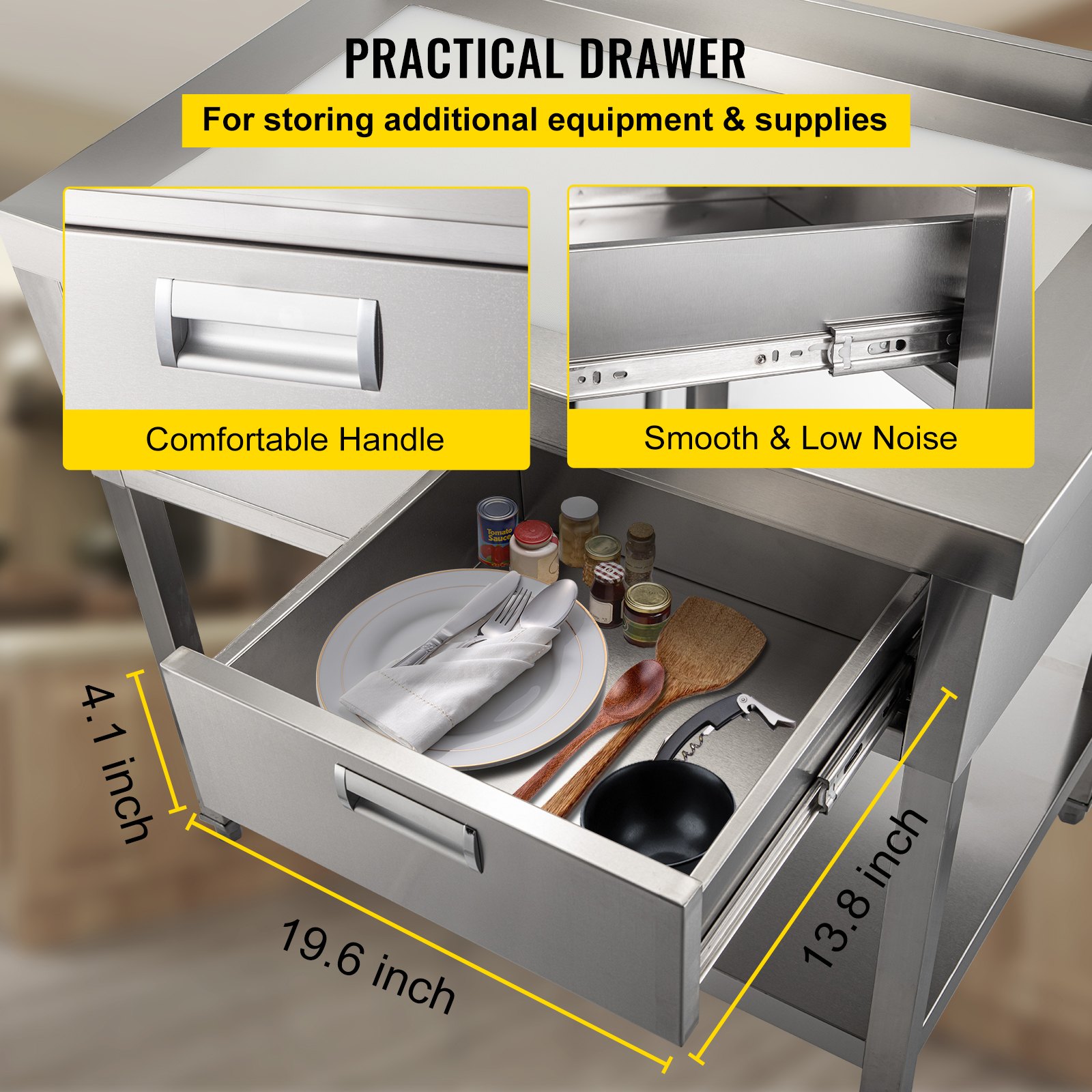 Vevor Mesa De Trabajo Cocina Acero Inoxidable 610 X 1220 X 850 Mm Con 2 Cajones