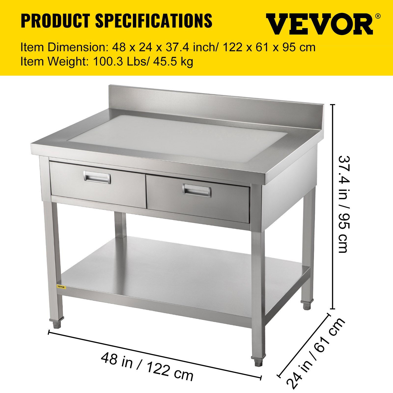 Vevor Mesa De Trabajo Cocina Acero Inoxidable 610 X 1220 X 850 Mm Con 2 Cajones