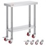 Mesa de trabajo de acero inoxidable VEVOR con ruedas y estante inferior.