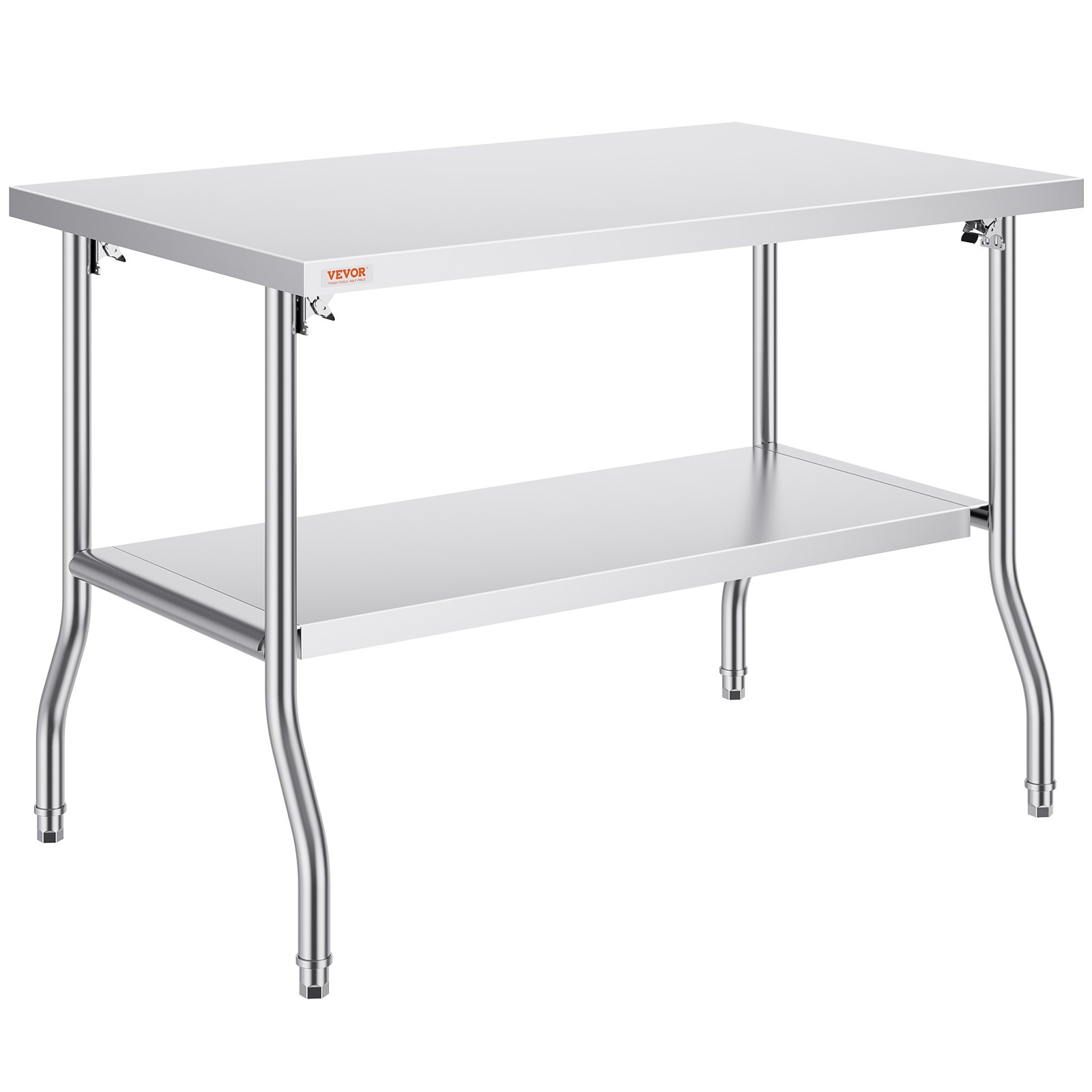 VEVOR Commercial Work Table, 1220 x 762 mm, Folding Commercial Preparation Table, Double Shelf Folding Table Made of Stainless Steel, Kitchen Work Table with 350 kg Load Capacity, Silver Kitchen Island