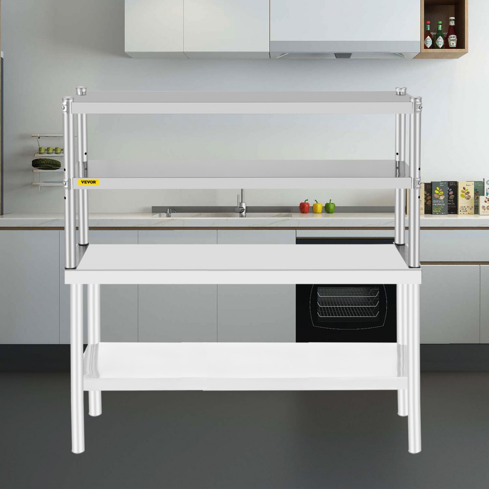 VEVOR Estante Doble de 2 Niveles de Acero Inoxidable 122 x 30 x 60 cm Estante Superior de Doble Nivel Estante Regulable en Altura para Mesa de Preparación y Trabajo, Cocina, Restaurante, Taller