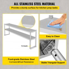 VEVOR Estante doble de acero inoxidable de 2 niveles, 12" x 72" para mesa de preparación