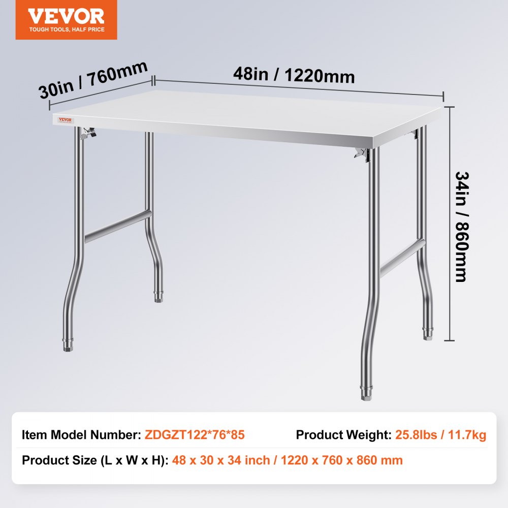 Vevor 1220x762x850 Mm Mesa De Trabajo Cocina Mesa De Cocina Acero Inox. Plegable