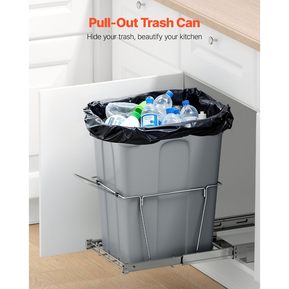 VEVOR Pullout Trash Can for Kitchen Cabinets, Garbage Waste Recycling Bin, Under Mount Waste Container, with Heavy Duty Metal Full Extension Sliding System and Handle, for Sink, Under Counter