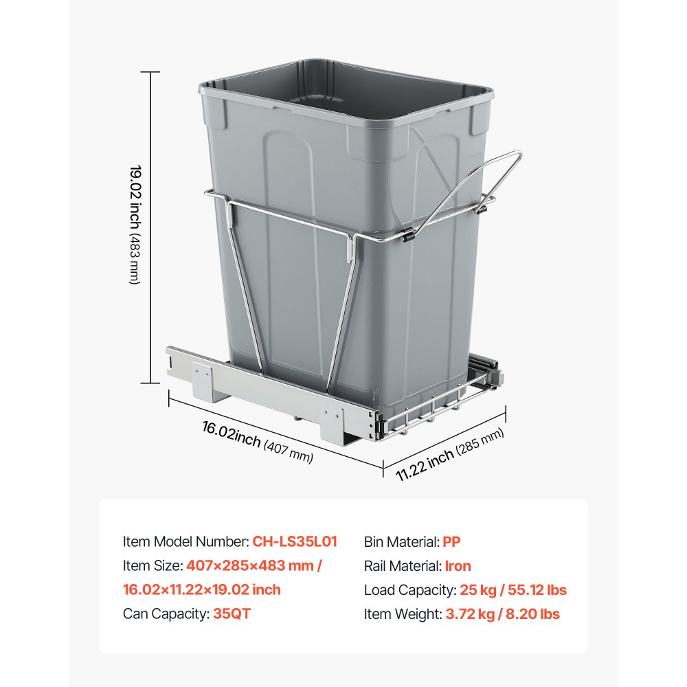 VEVOR Pullout Trash Can for Kitchen Cabinets, Garbage Waste Recycling Bin, Under Mount Waste Container, with Heavy Duty Metal Full Extension Sliding System and Handle, for Sink, Under Counter