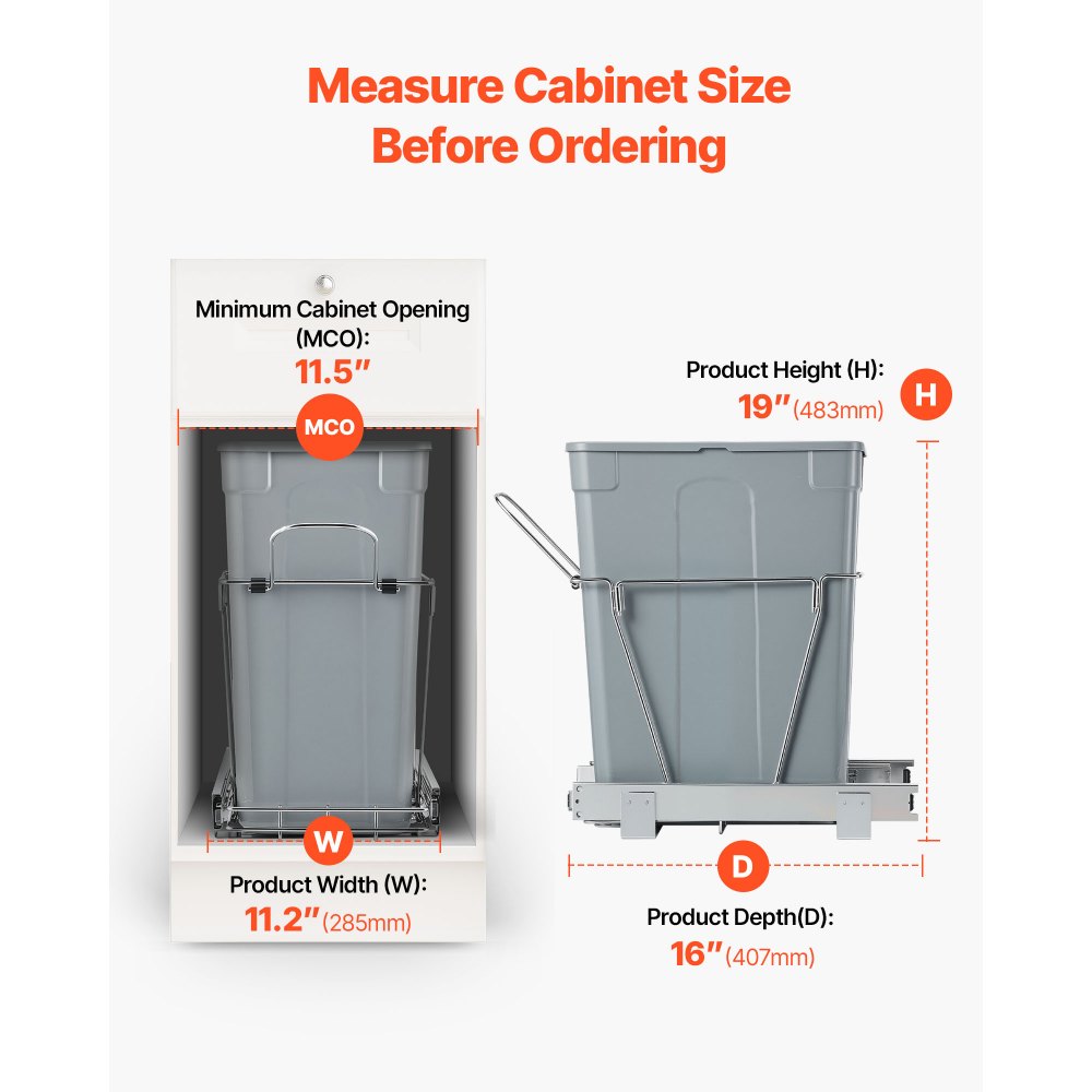 VEVOR Cubo de Basura Extraíble para Armarios de Cocina, Montaje Bajo Encimera, con Sistema Deslizante de Extensión Completa Metal Resistente y Asa, para Fregadero y Encimera, 407 x 285 x 483 mm