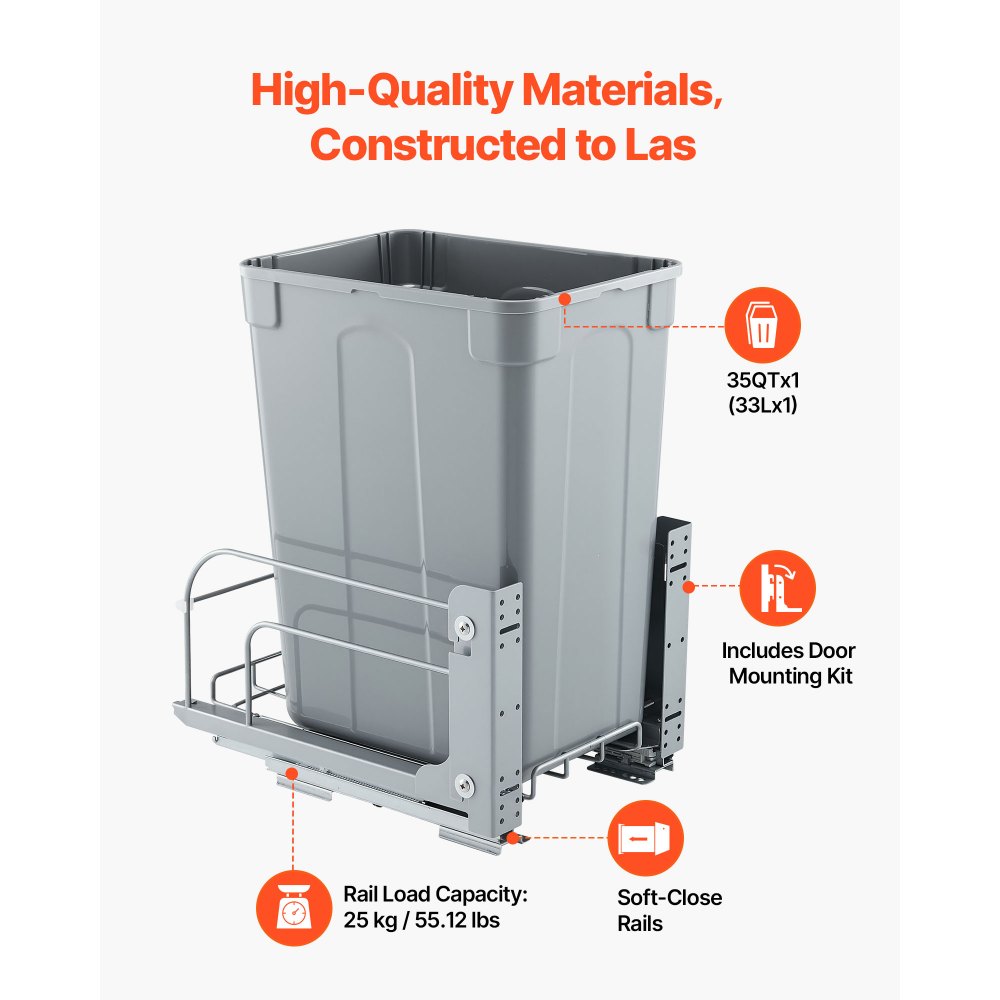 VEVOR Pullout Trash Can for Kitchen Cabinets, Garbage Waste Recycling Bin, Under Mount Waste Container, with Heavy Duty Metal Soft Close Sliding System and Door Kit, for Sink, Under Counter