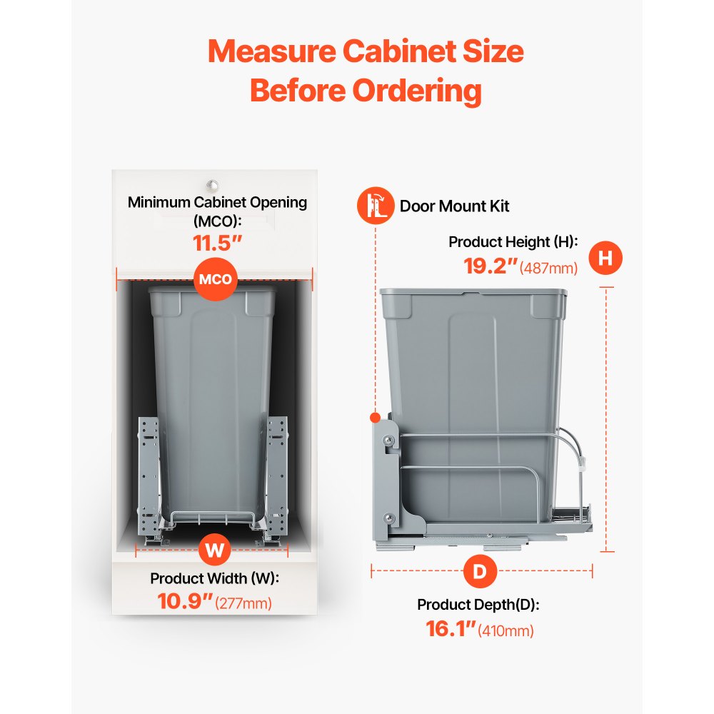 VEVOR Pullout Trash Can for Kitchen Cabinets, Garbage Waste Recycling Bin, Under Mount Waste Container, with Heavy Duty Metal Soft Close Sliding System and Door Kit, for Sink, Under Counter