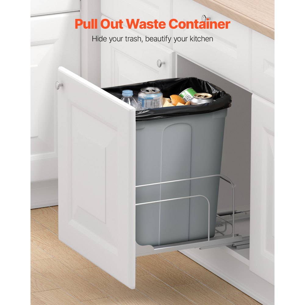 VEVOR Cubo de Basura Extraíble para Armarios de Cocina, Montaje Bajo Encimera, Gris, con Sistema Deslizante de Cierre Suave de Metal y Kit de Puerta, para Fregadero y Encimera, 410 x 277 x 487 mm