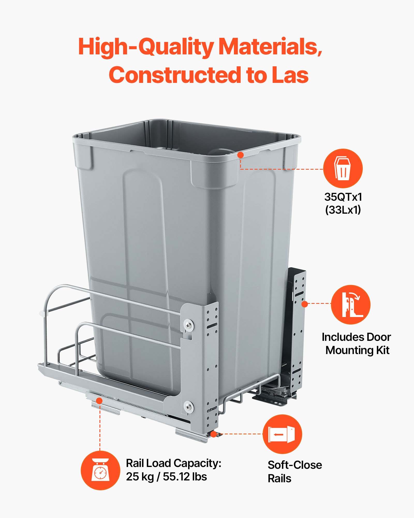 VEVOR Pullout Trash Can for Kitchen Cabinets, Garbage Waste Recycling Bin, Under Mount Waste Container, with Heavy Duty Metal Soft Close Sliding System and Door Kit, for Sink, Under Counter