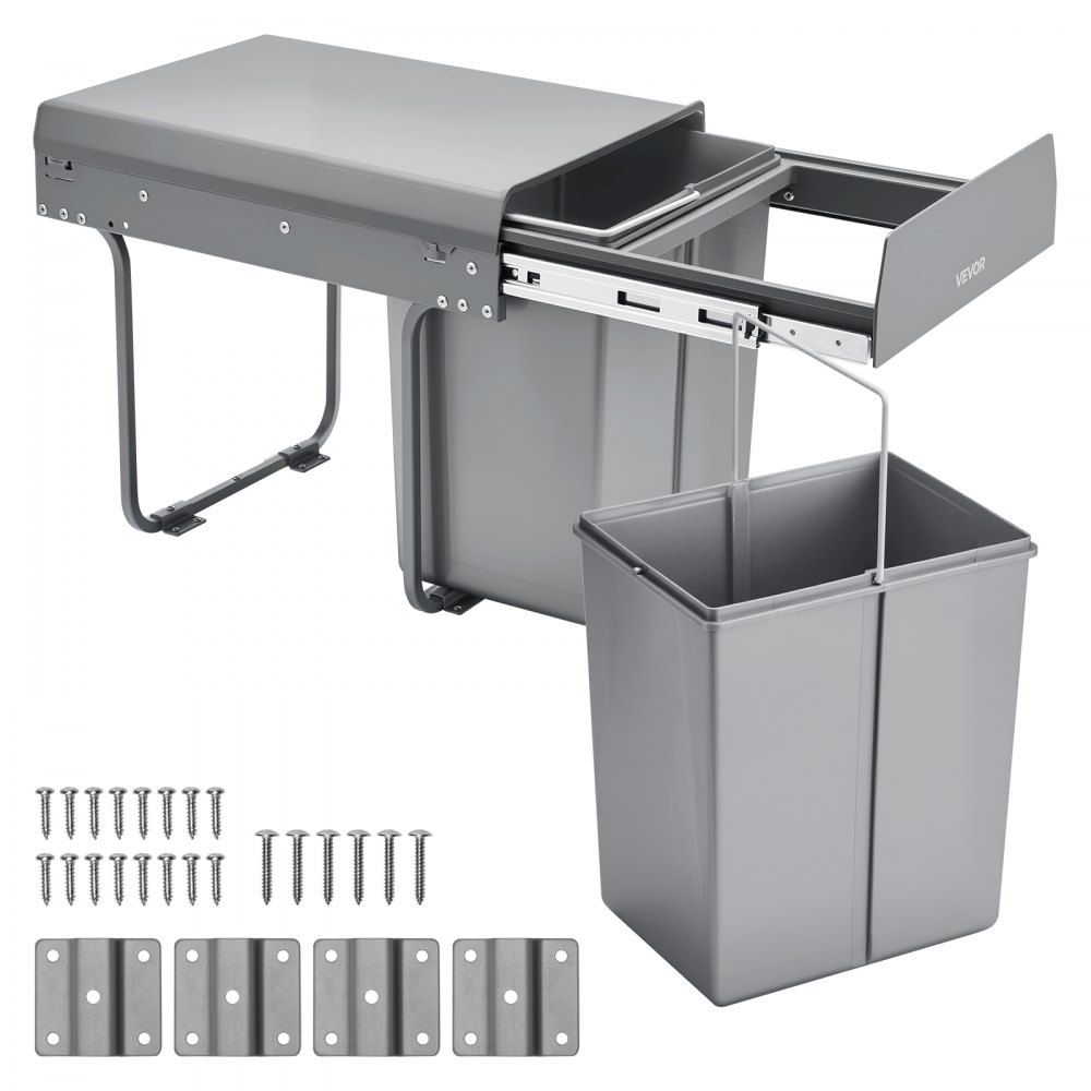 VEVOR Extendable Waste Bin for Kitchen Cabinets (20 L x 2) Double Under-Sink Waste Bin, Undermounted Bin, with Robust Full Extension Metal Sliding System and Handle