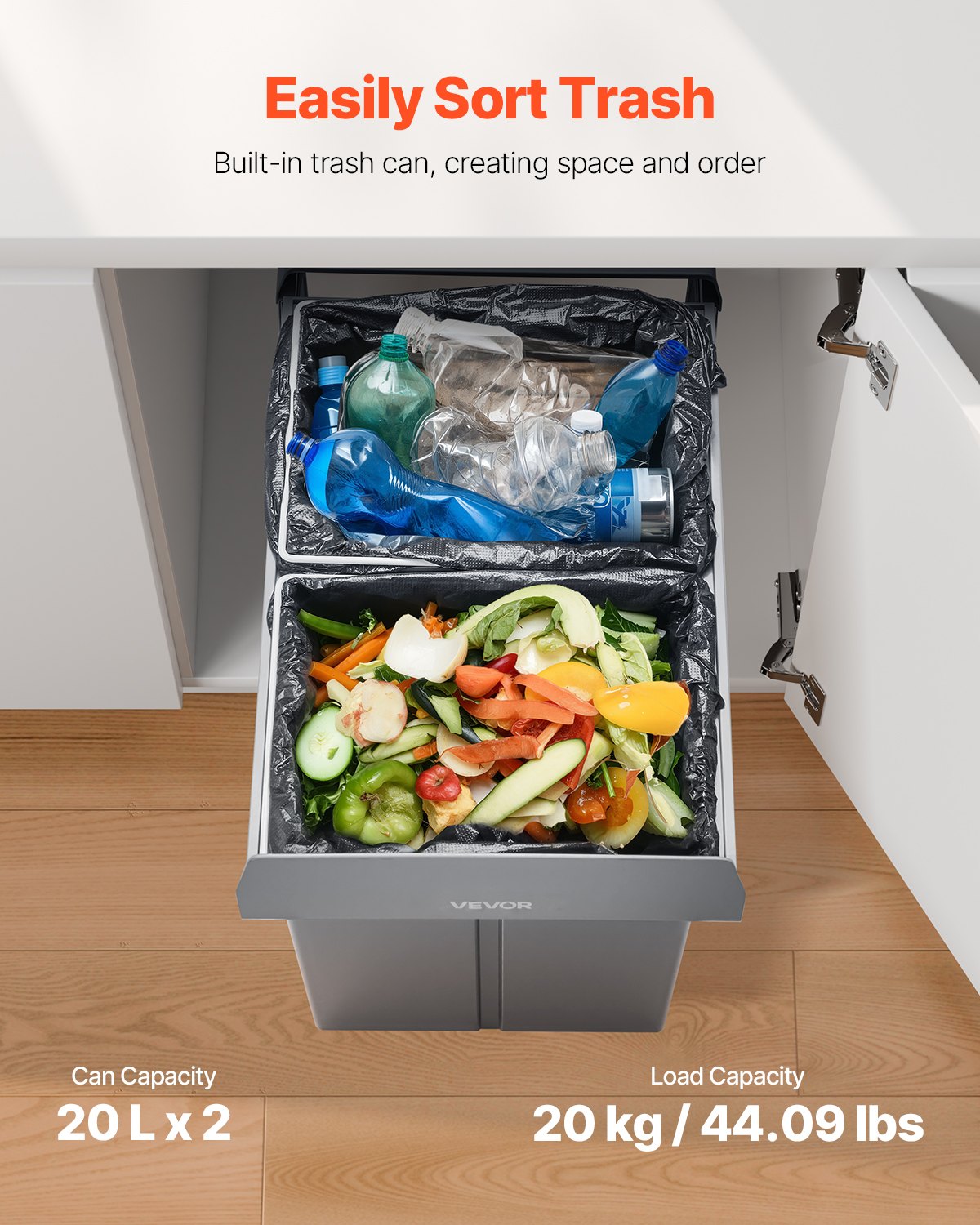 VEVOR Extendable Waste Bin for Kitchen Cabinets (20 L x 2) Double Under-Sink Waste Bin, Undermounted Bin, with Robust Full Extension Metal Sliding System and Handle