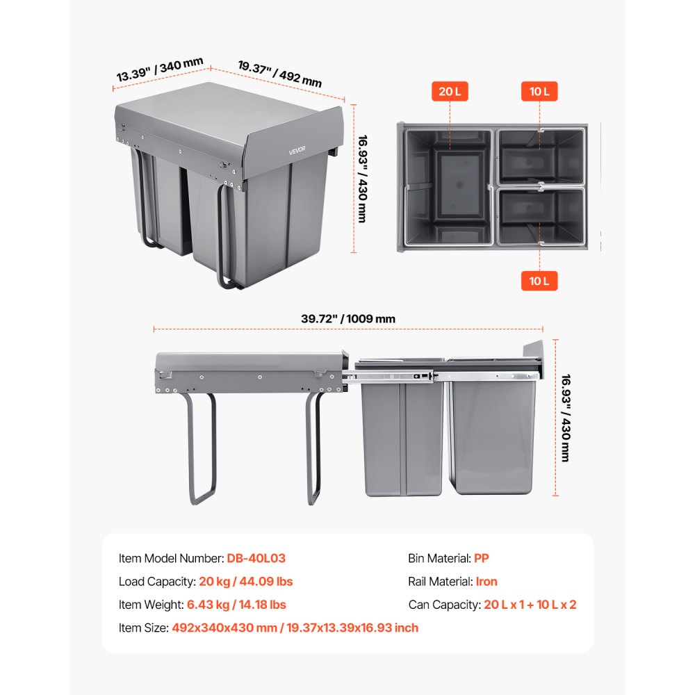 VEVOR Cubo de Basura Extraíble para Armarios Cocina, 20+10+10 L, Doble bajo Fregadero, para Reciclaje, con Sistema Deslizante de Extensión Completa de Metal Resistente y Asa, 492 x 340 x 430 mm