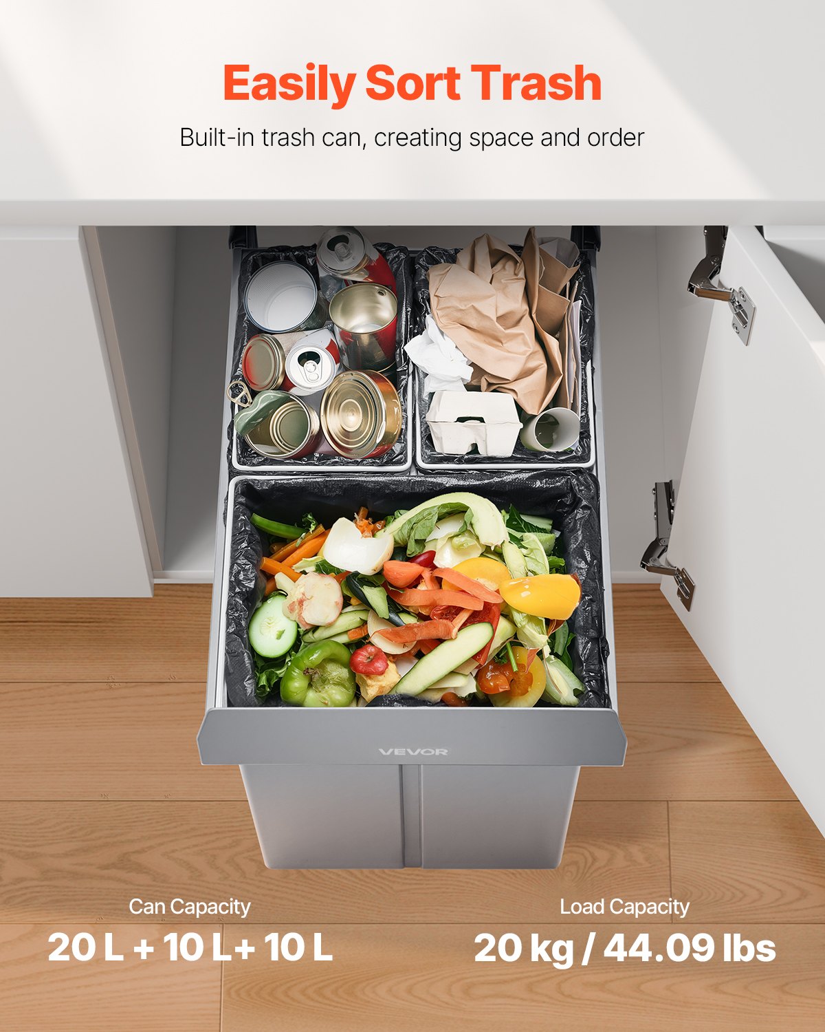 VEVOR Cubo de Basura Extraíble para Armarios Cocina, 20+10+10 L, Doble bajo Fregadero, para Reciclaje, con Sistema Deslizante de Extensión Completa de Metal Resistente y Asa, 492 x 340 x 430 mm