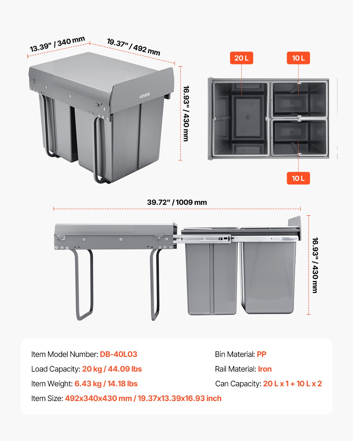 VEVOR Cubo de Basura Extraíble para Armarios Cocina, 20+10+10 L, Doble bajo Fregadero, para Reciclaje, con Sistema Deslizante de Extensión Completa de Metal Resistente y Asa, 492 x 340 x 430 mm