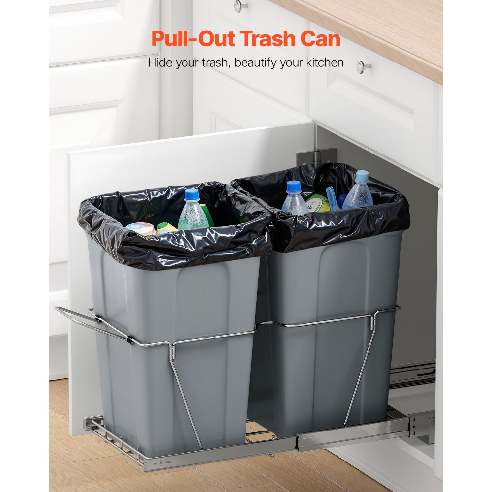 VEVOR Pullout Trash Can for Kitchen Cabinets,Double Under Sink Garbage Waste Recycling Bin, Under Mount Waste Container, with Heavy Duty Metal Full Extension Sliding System and Handle