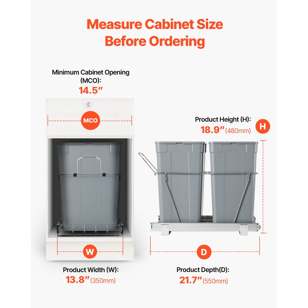 VEVOR Pullout Trash Can for Kitchen Cabinets, Double Under Sink Garbage Waste Recycling Bin, Under Mount Waste Container, with Heavy Duty Metal Full Extension Sliding System and Handle