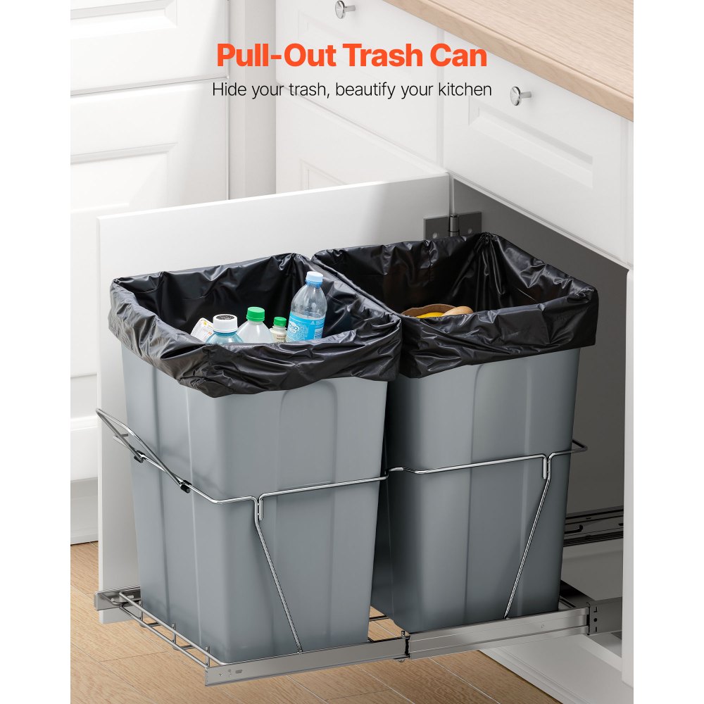 VEVOR Cubo de Basura Extraíble Doble para Armarios de Cocina, para Debajo del Fregadero, Montaje Bajo Encimera, con Sistema Deslizante de Extensión Completa de Metal Resistente y Asa, 2 x 32,8 L
