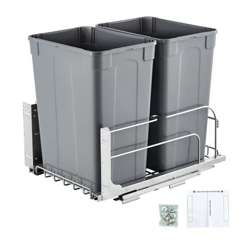 VEVOR Cubo de Basura Extraíble de 2 x 32,8 L, Doble, para Cocina, con Montaje Bajo Encimera, Carga 30 kg, con Puerta Corredera y Cierre Suave, para Armario de Cocina, Fregadero y Encimera, Gris