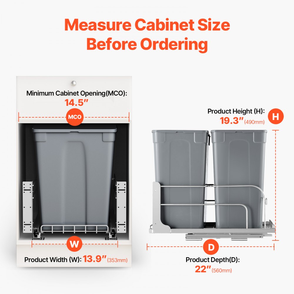 VEVOR Cubo de Basura Extraíble de 2 x 32,8 L, Doble, para Cocina, con Montaje Bajo Encimera, Carga 30 kg, con Puerta Corredera y Cierre Suave, para Armario de Cocina, Fregadero y Encimera, Gris