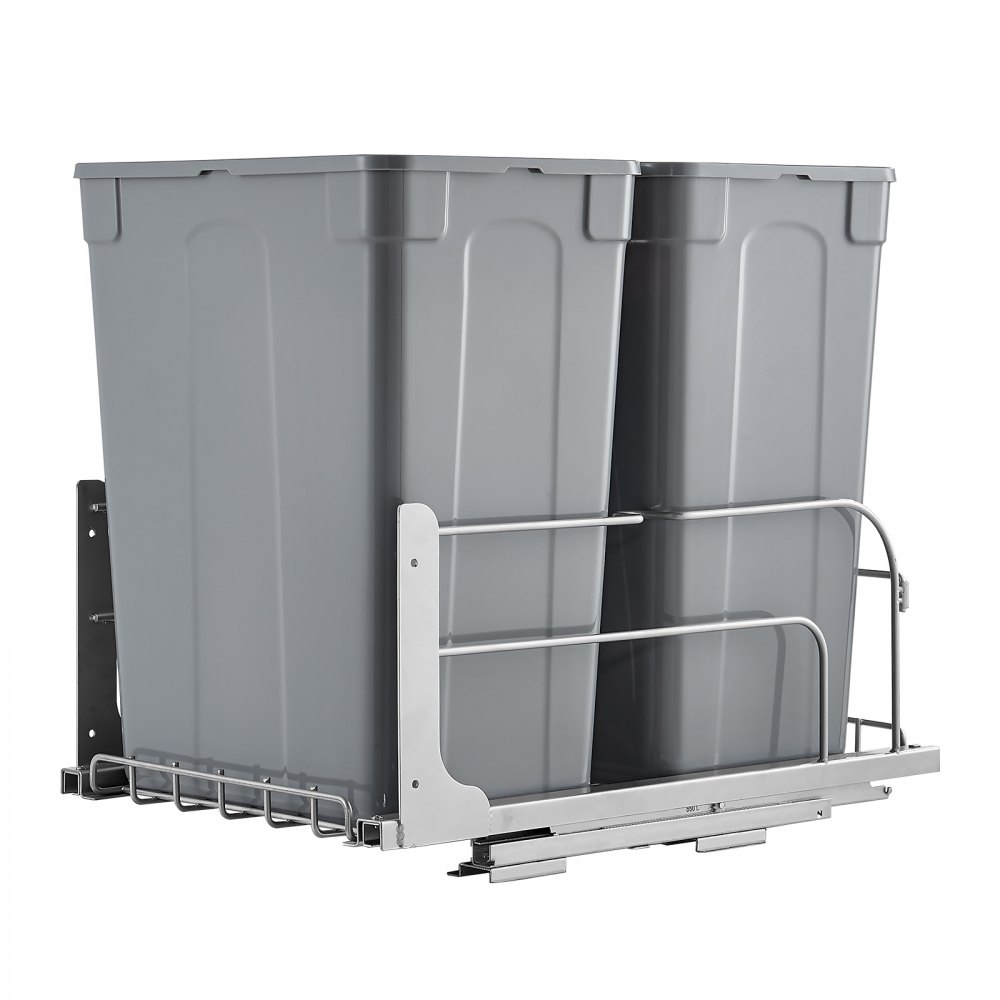 VEVOR Cubo de Basura Extraíble de 2 x 32,8 L, Doble, para Cocina, con Montaje Bajo Encimera, Carga 30 kg, con Puerta Corredera y Cierre Suave, para Armario de Cocina, Fregadero y Encimera, Gris