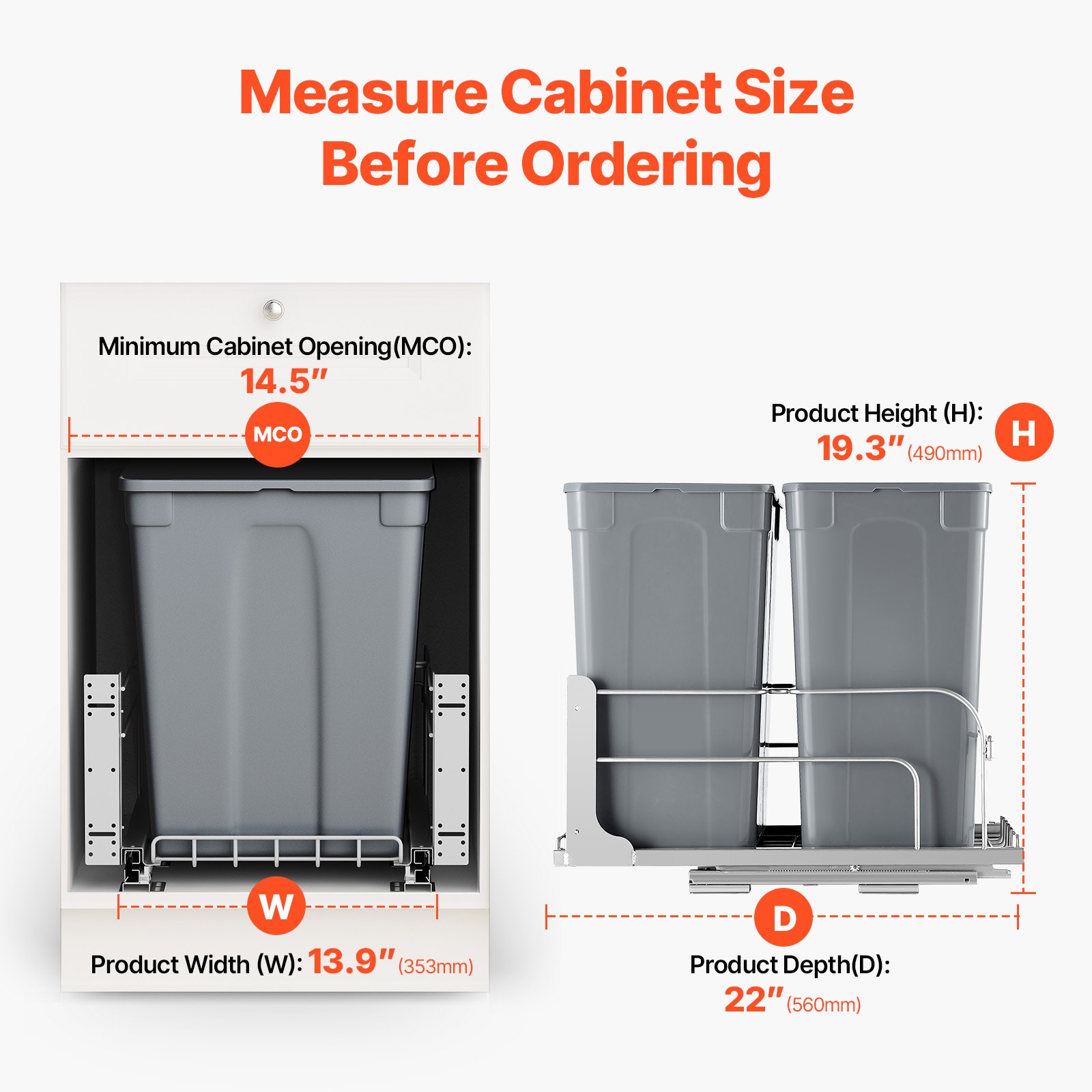 VEVOR Cubo de Basura Extraíble de 2 x 32,8 L, Doble, para Cocina, con Montaje Bajo Encimera, Carga 30 kg, con Puerta Corredera y Cierre Suave, para Armario de Cocina, Fregadero y Encimera, Gris