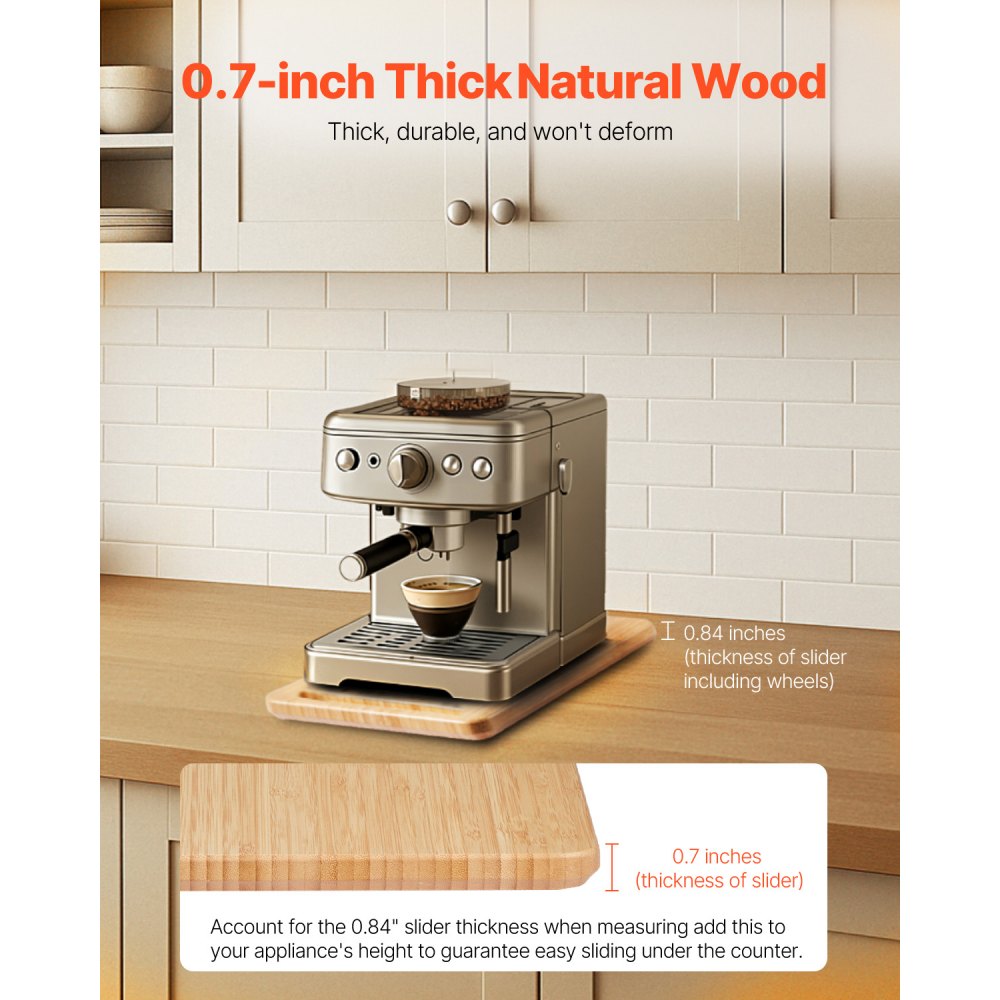 VEVOR Deslizador para Electrodomésticos 368 x 191 x 21 mm Bandeja Deslizante de Madera Grosor de 1,8 cm con Ruedas de Goma y Asa Hueca ideal para Cafeteras y Encimeras de Cocina, Color de Madera