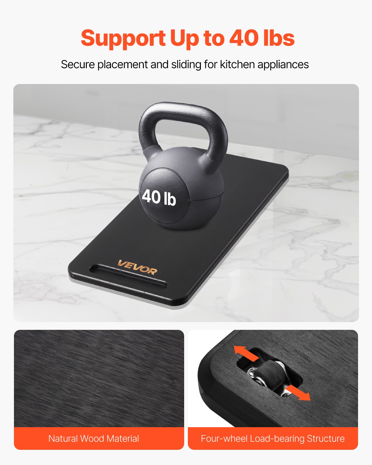 VEVOR Deslizador para Electrodomésticos 368 x 191 x 21 mm Bandeja Deslizante de Madera Grosor de 1,8 cm con Ruedas de Goma Silenciosas y Asa Hueca ideal para Cafeteras y Encimeras de Cocina, Negro