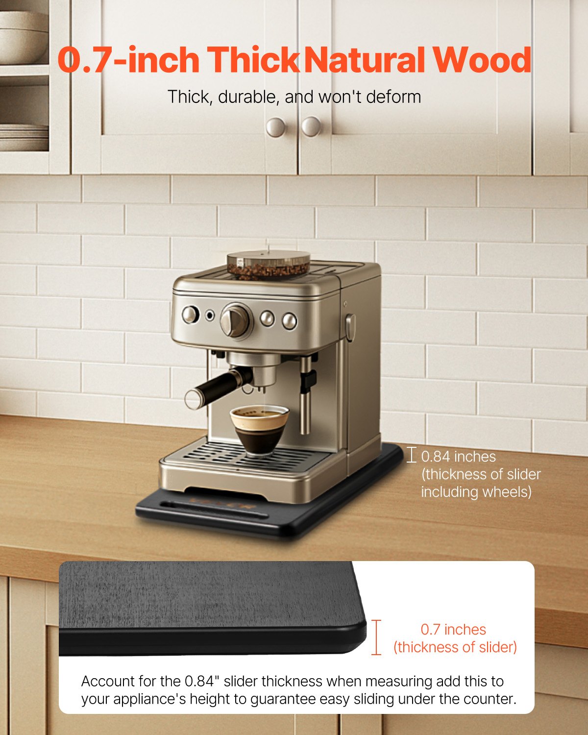 VEVOR Deslizador para Electrodomésticos 368 x 191 x 21 mm Bandeja Deslizante de Madera Grosor de 1,8 cm con Ruedas de Goma Silenciosas y Asa Hueca ideal para Cafeteras y Encimeras de Cocina, Negro