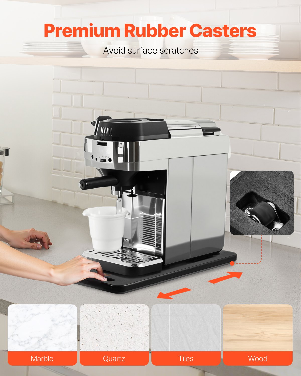 VEVOR Deslizador para Electrodomésticos 368 x 191 x 21 mm Bandeja Deslizante de Madera Grosor de 1,8 cm con Ruedas de Goma Silenciosas y Asa Hueca ideal para Cafeteras y Encimeras de Cocina, Negro