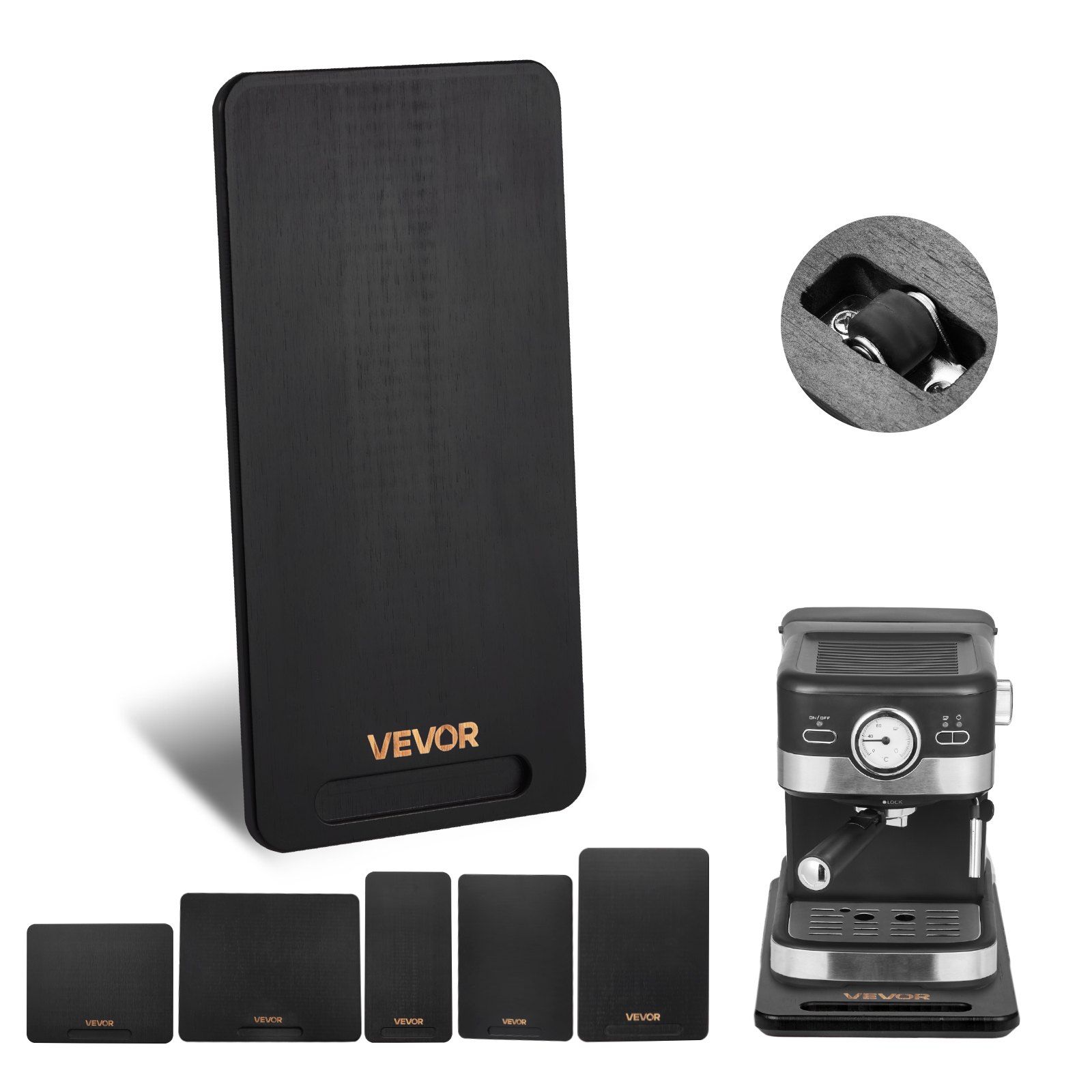 VEVOR Deslizador para Electrodomésticos 368 x 191 x 21 mm Bandeja Deslizante de Madera Grosor de 1,8 cm con Ruedas de Goma Silenciosas y Asa Hueca ideal para Cafeteras y Encimeras de Cocina, Negro