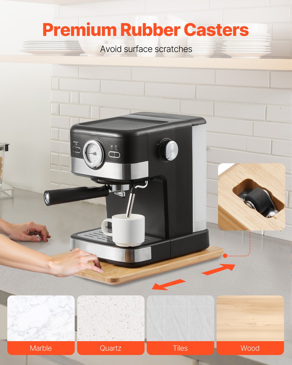 VEVOR Deslizador para Electrodomésticos 356 x 241 x 21 mm Bandeja Deslizante de Madera Grosor de 1,8 cm con Ruedas de Goma y Asa Hueca ideal para Cafeteras y Encimeras de Cocina, Color de Madera