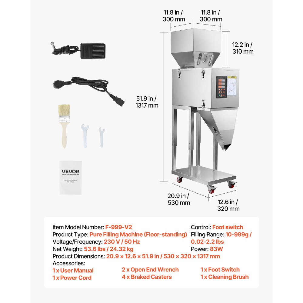 VEVOR Máquina Llenadora con Pedal de Polvo y Granos de 10-999 g, Dispensador con Control Manual, Máquina de Llenado de Acero Inoxidable para Frutos Secos Semillas Especias Té Café Cereales Purpurina